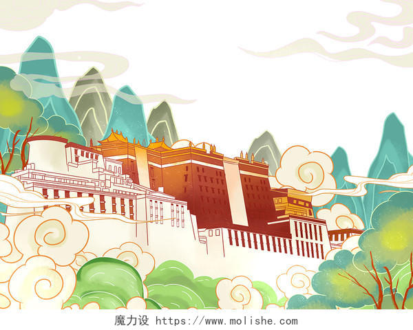 彩色手绘卡通国潮著名建筑布达拉宫祥云树木元素PNG素材